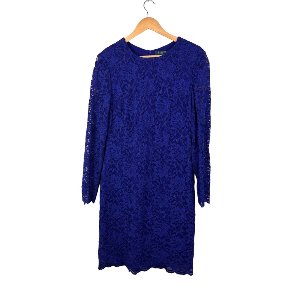 Lauren Ralph Lauren Womens Blue Lace Sheath Dress Sz 16 Stretchy Cocktail Party